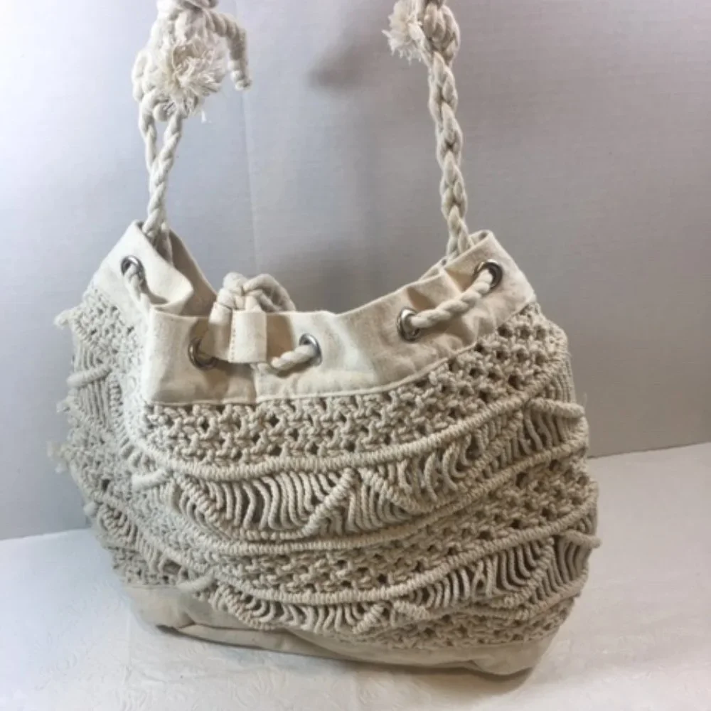 Macramé Knotting Shoulder Handbag Tote Cotton Drawstring11x5.5x11